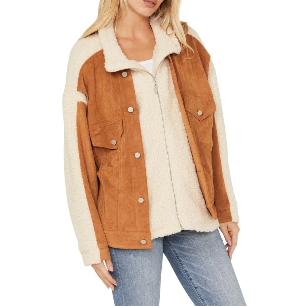 BLANKNYC Faux Suede Sherpa Jacket Womens Large Brown Cream‎ Mixed Media Zip NWT - Picture 2 of 16